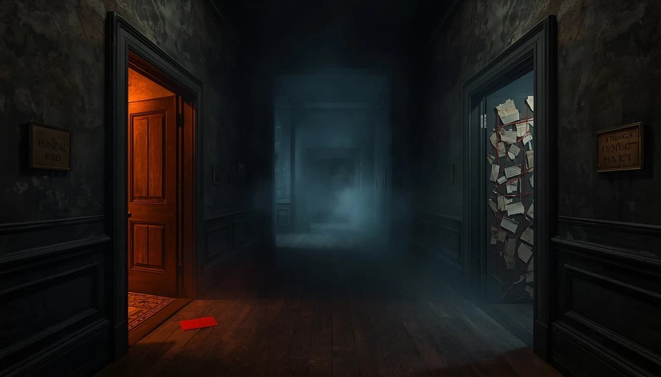 A dark corridor with an open amber-lit door and a red envelope
