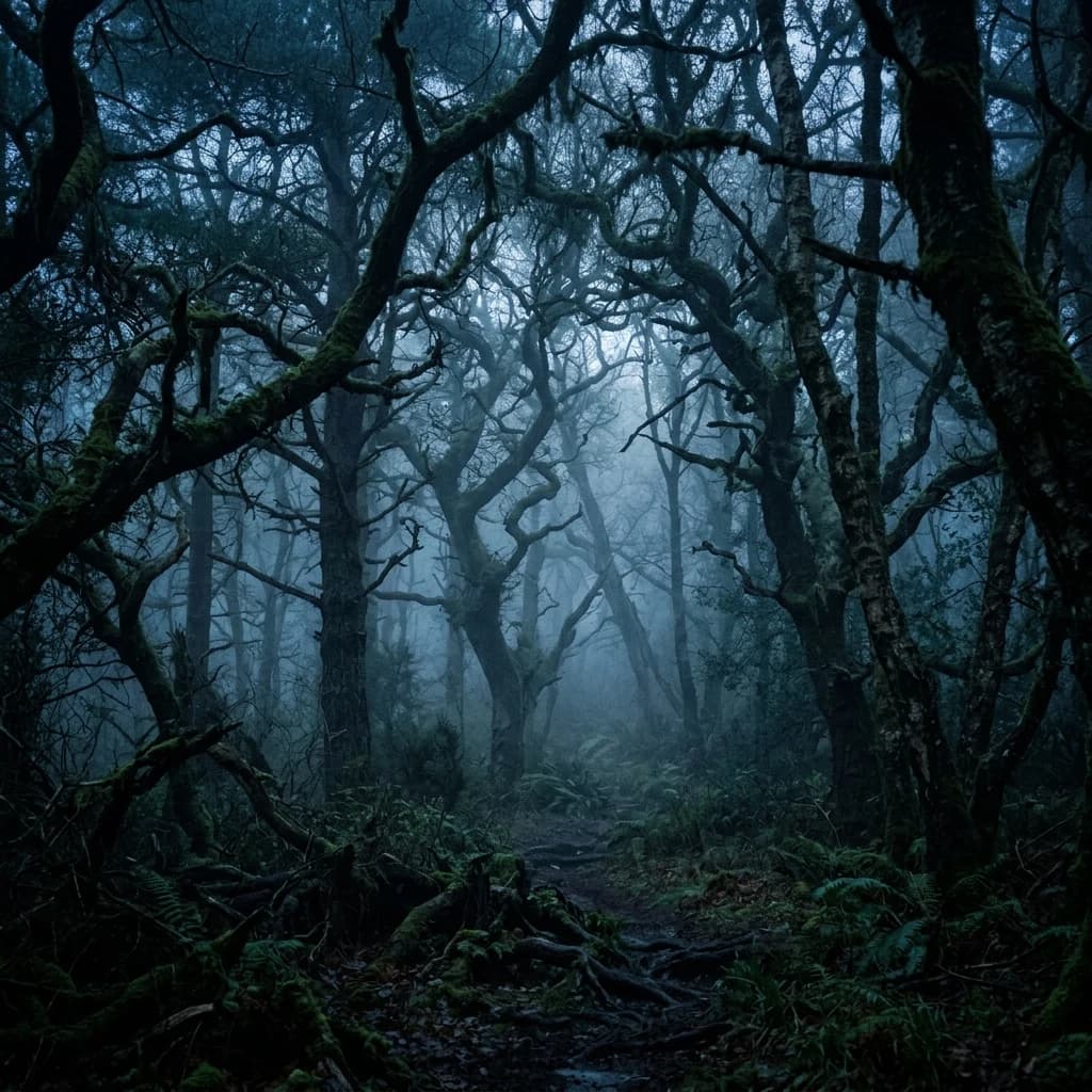 Misty blue enclosed forest with rain wash and shadowy tree silhouettes