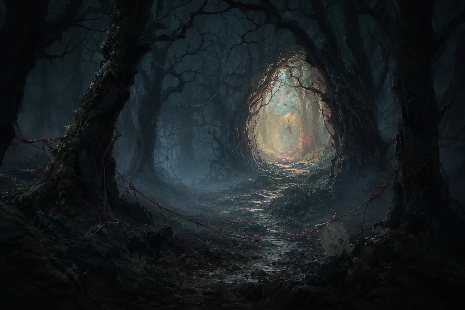 A luminous red thread weaving a deliberate path through the dark forest trees