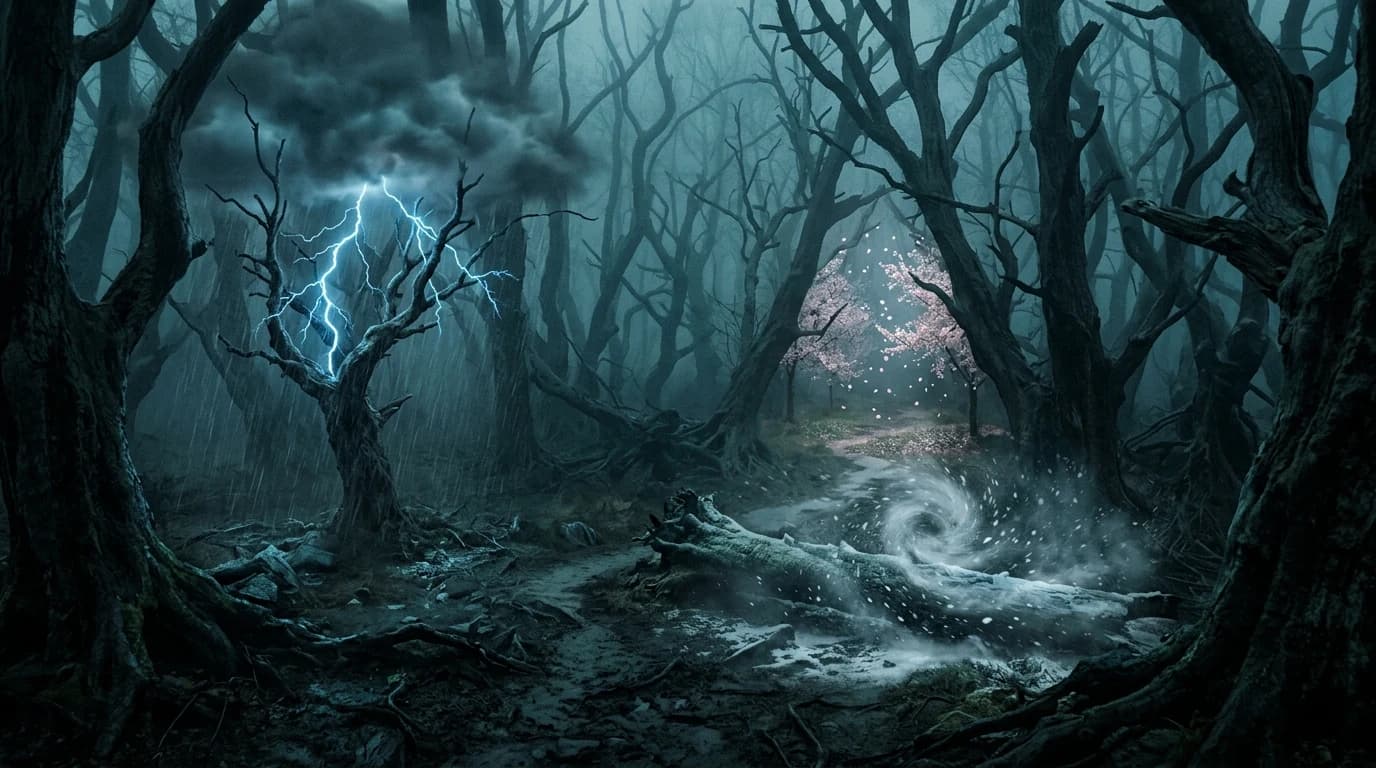 Heavy cold rain and lightning falling through tangled grey forest canopy