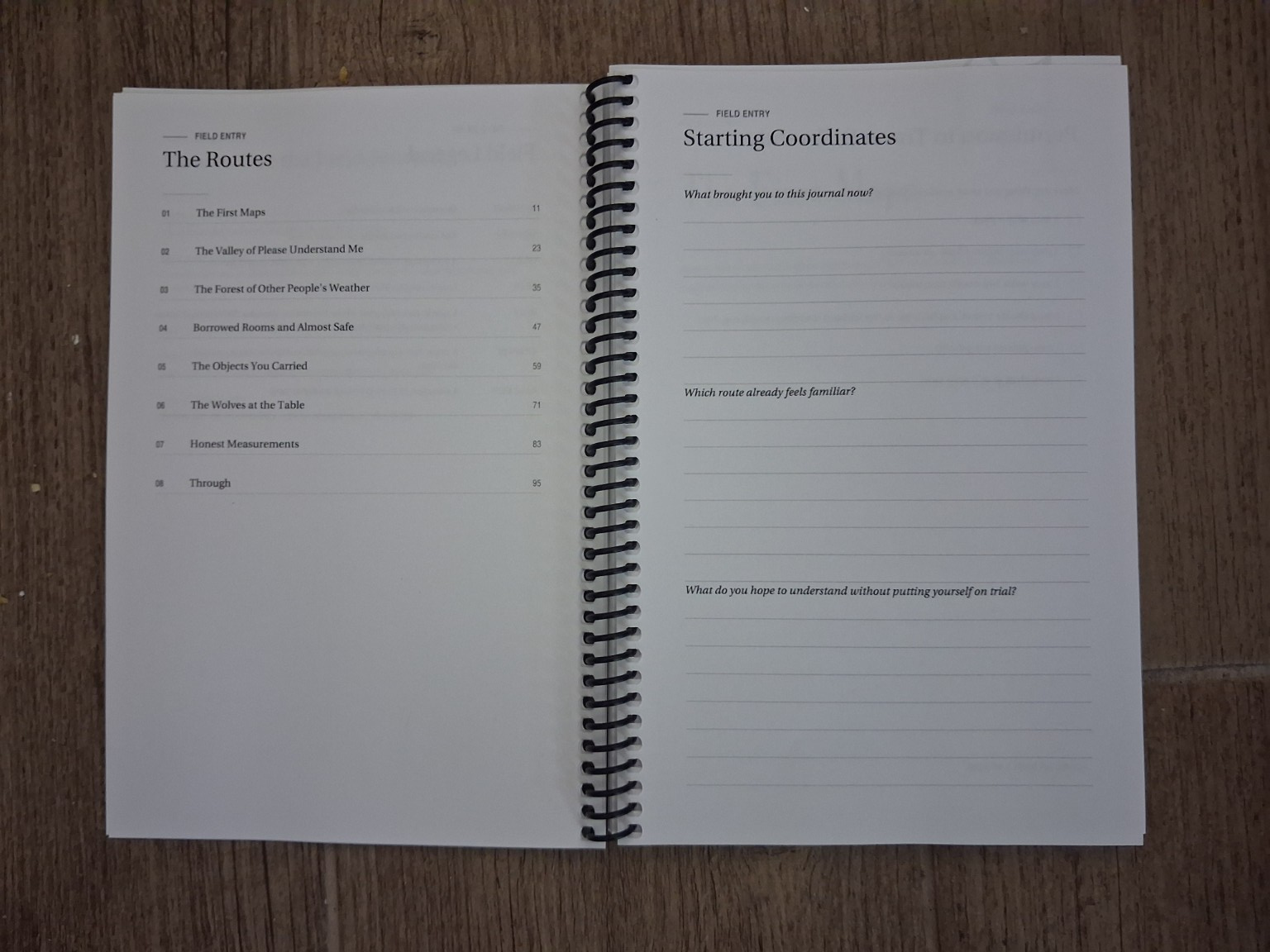 The Routes and Starting Coordinates photographed spread in The Traveler's Field Journal