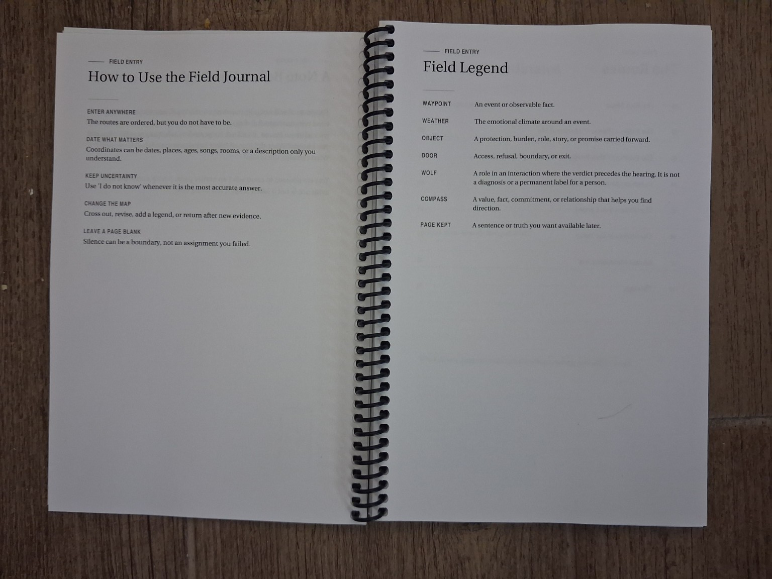 How to Use the Field Journal and The Field Legend photographed spread