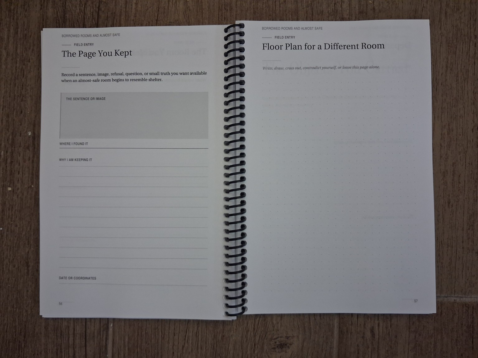 The Page You Kept and Floor Plan for a Different Room photographed spread in the physical field journal