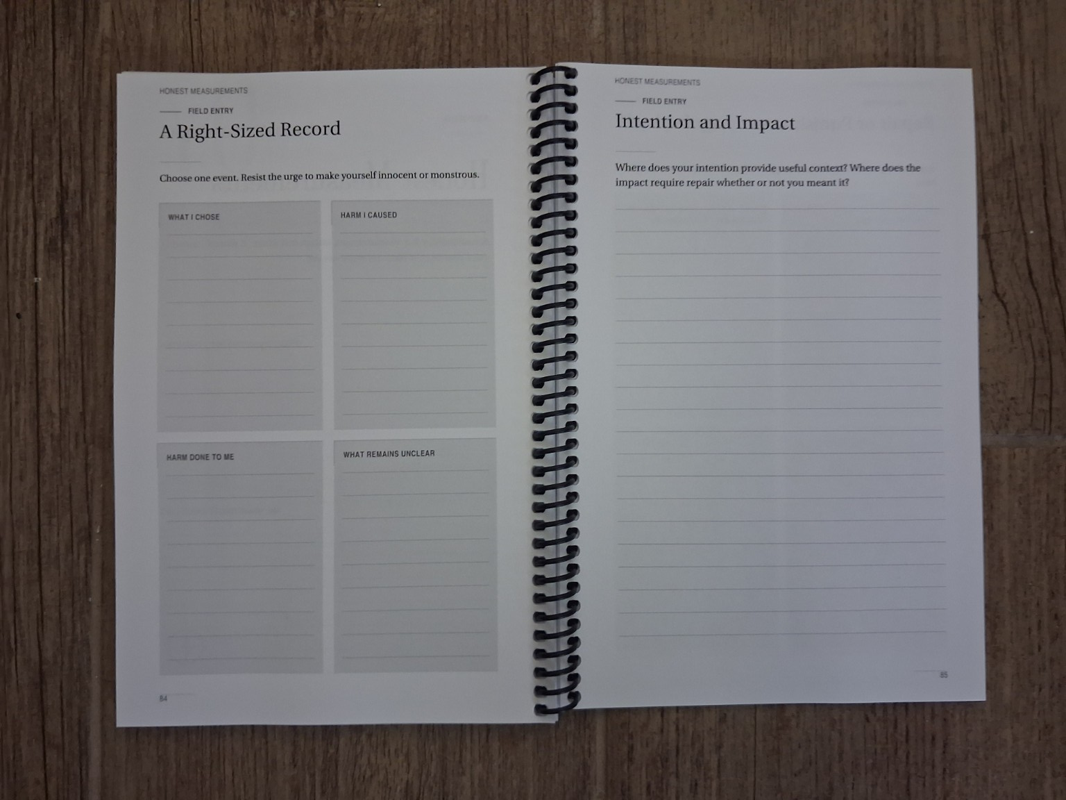 A Right-Sized Record and Intention and Impact photographed spread in the physical field journal
