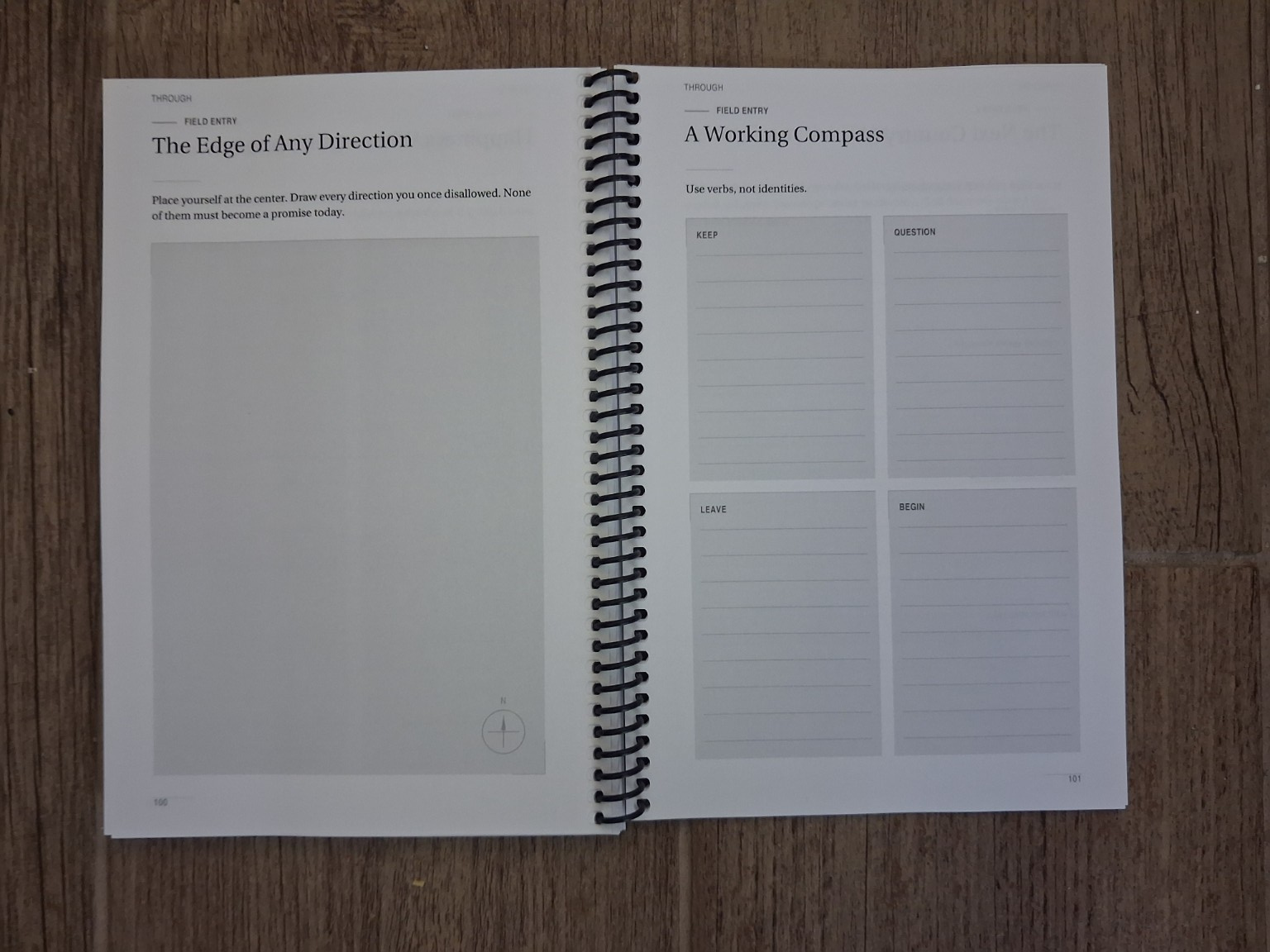 The Edge of Any Direction and A Working Compass photographed spread in the physical field journal