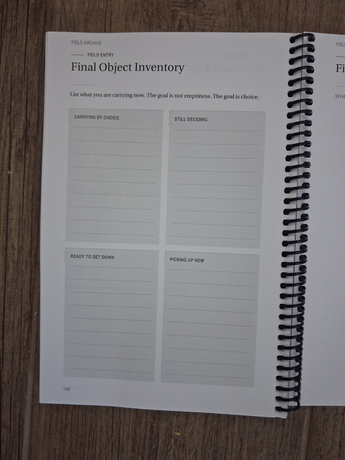 Final Object Inventory photographed spread in the physical field journal