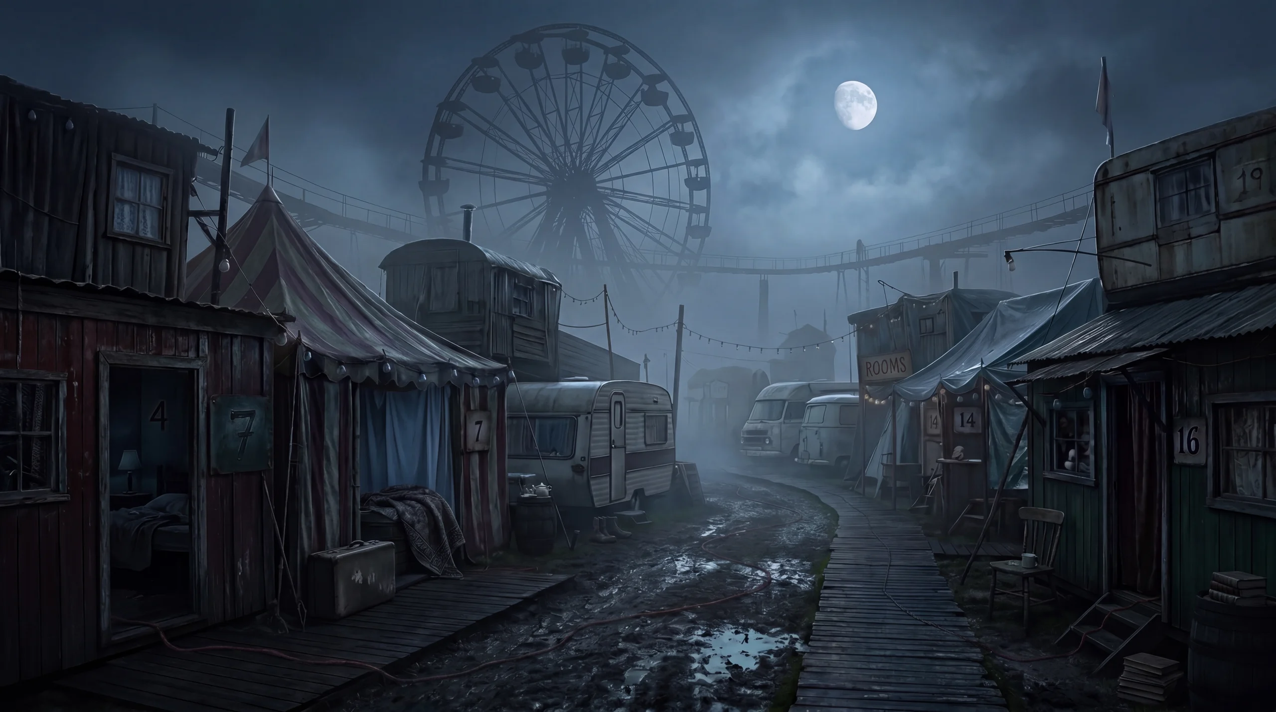 The Carnival of Borrowed Rooms plunged into quiet darkness under the moon with lights extinguished