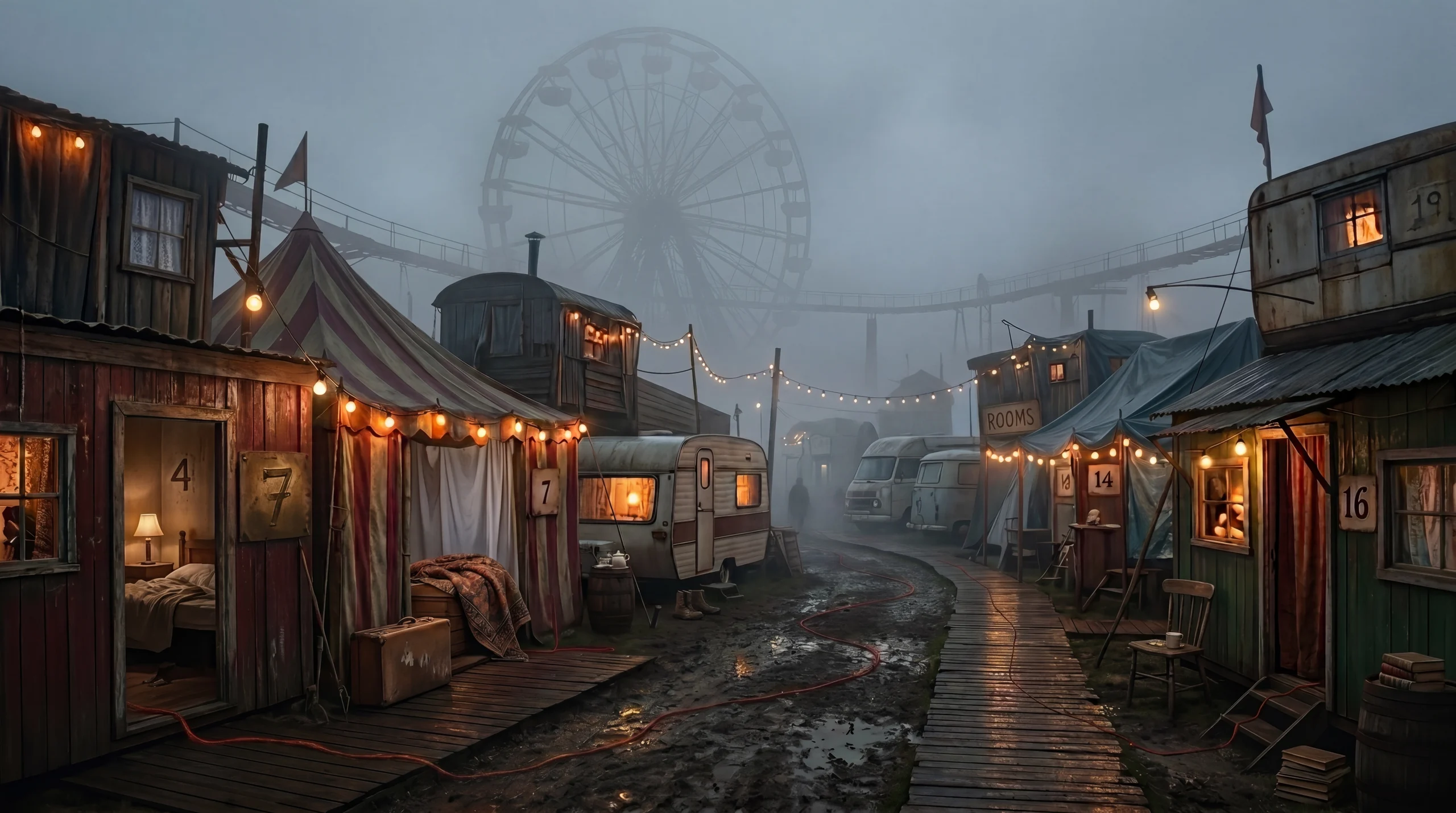 Ground-level view of the Carnival of Borrowed Rooms with warm 40-watt filament bulbs, wet boardwalk, and tents