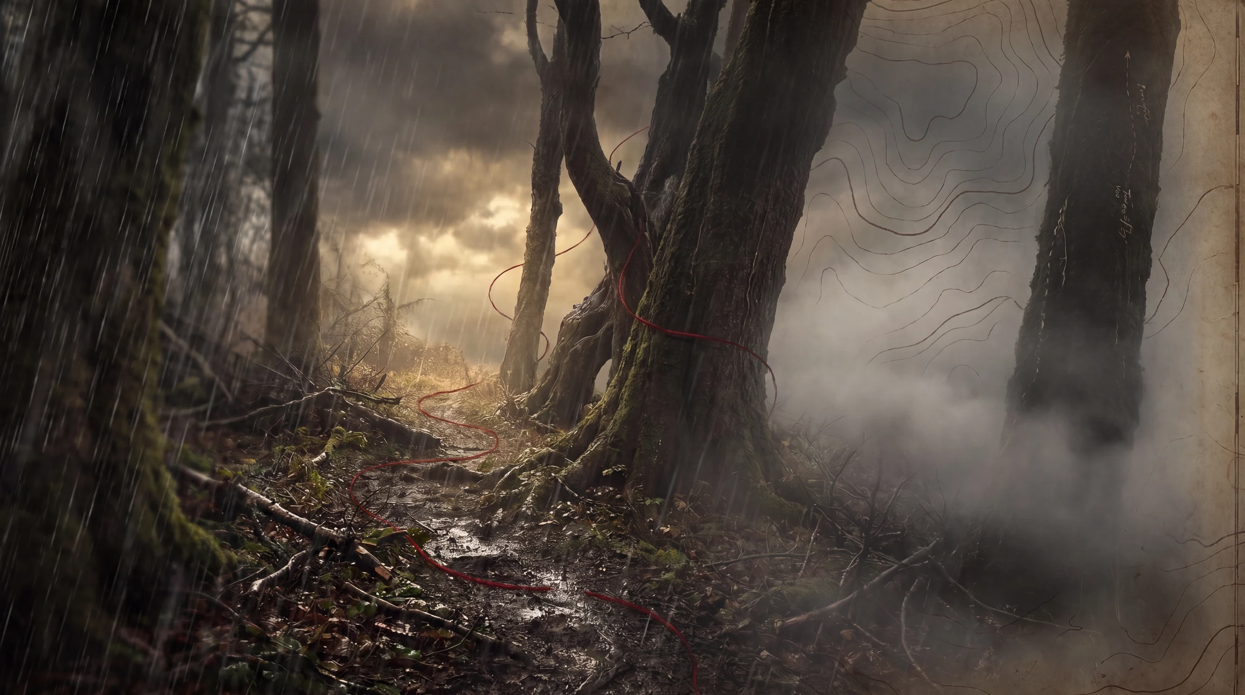 Heavy rain pouring through dense ancient woodland with mist rising from the wet ground and a green umbrella