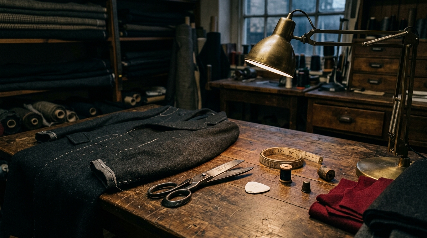 The Tailor's Shop with shears, spools, chalk, and red wool garments